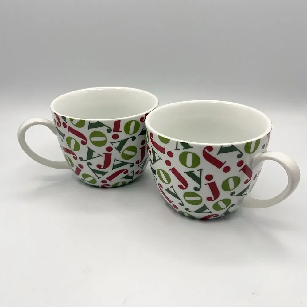 Pair Vintage Crate & Barrel 16oz JOY Mugs Holiday Christmas Red/Green Porcelain